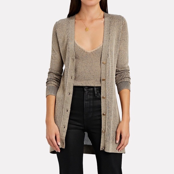 L'AGENCE Millie Ribbed Golden Taupe Button Down Cardigan Sweater Long Line Large - Picture 1 of 16